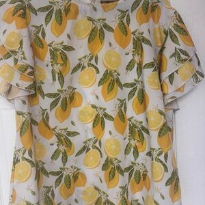 New York & Company White Lemon Print Short Sleeve Blouse